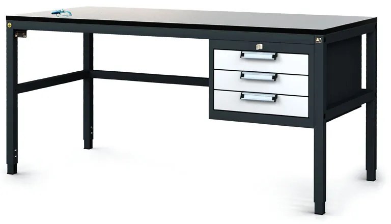 Alfa 3 Antystatyczny stół warsztatowy ESD, 3 skrzynki szufladowe na narzędzia, 1600 x 800 x 745-985 mm