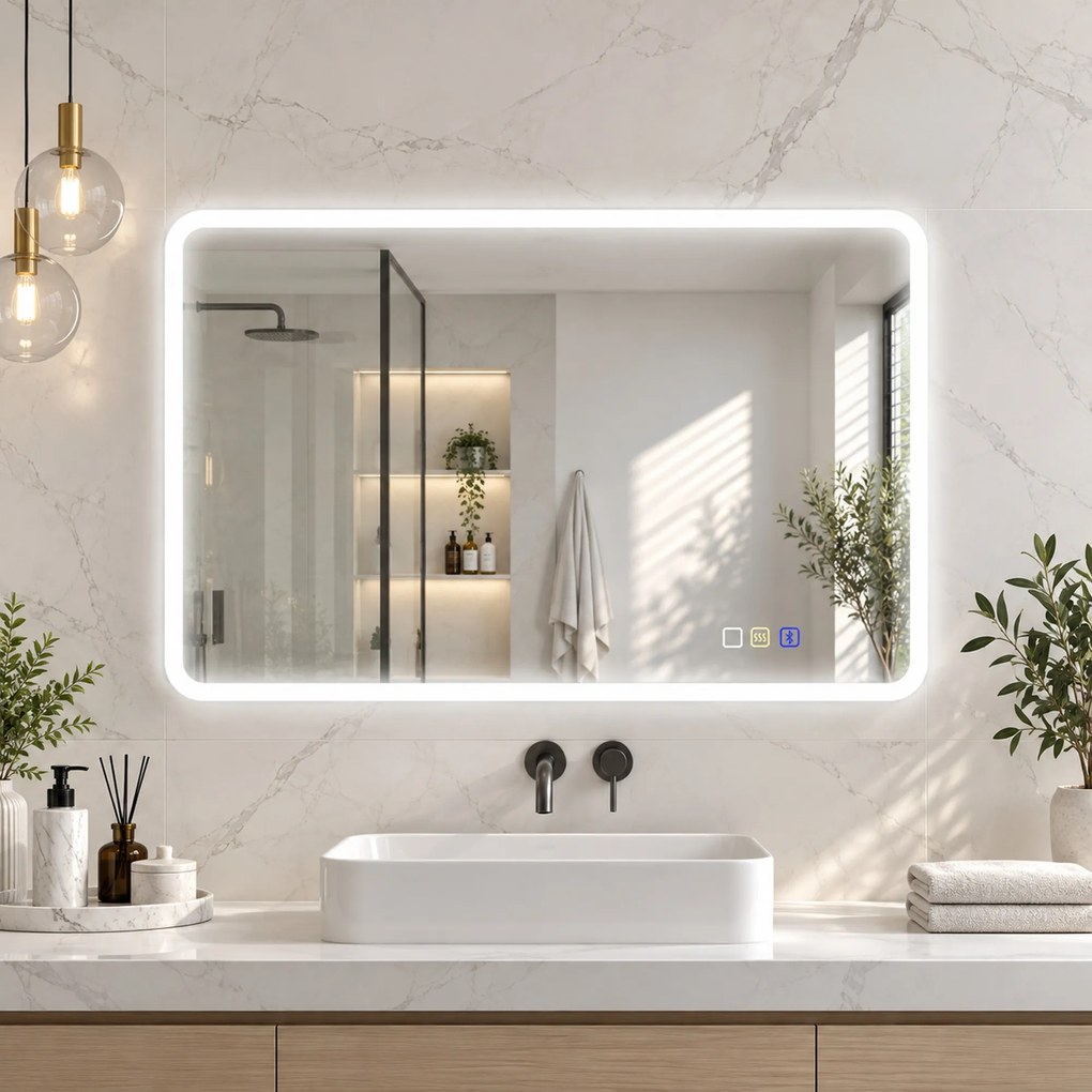 HOMCOM Lustro łazienkowe LED Bluetooth 70x90 cm podświetlane antypara głośnik 3 kolory światła dotykowe ścienne prostokątne | Aosom PL