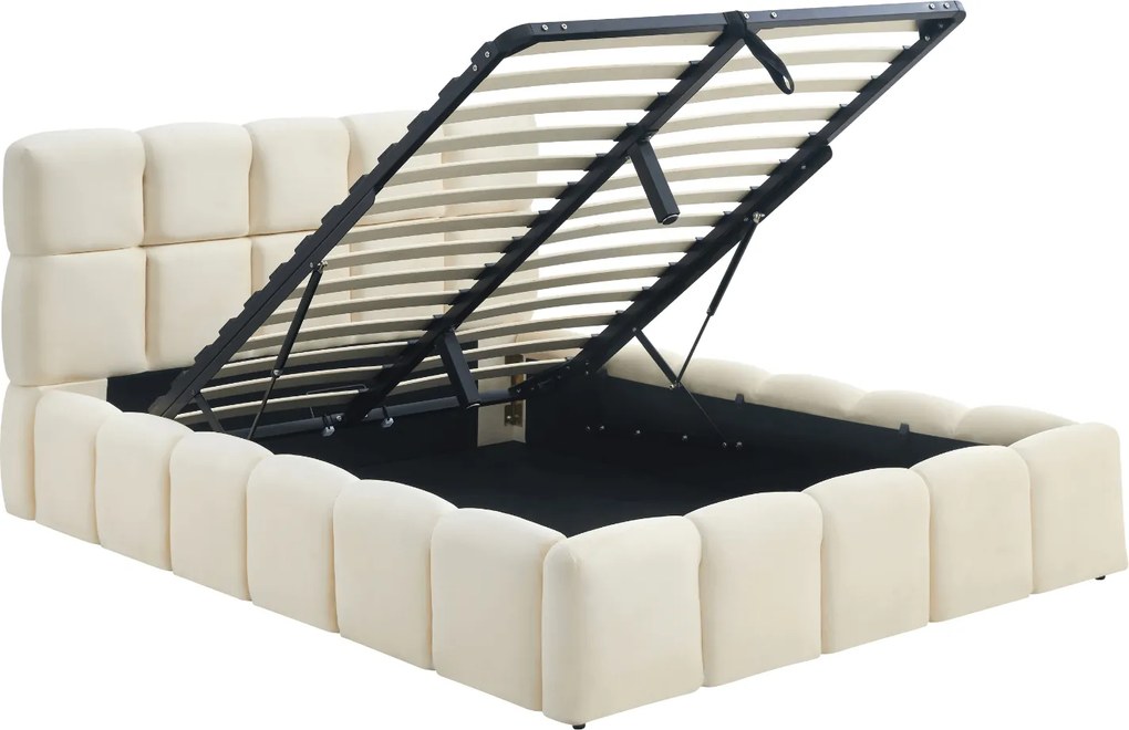 Łóżko Tapicerowane 140x200 cm MURCJA ze Stelażem i Pojemnikiem Dwuosobowe Welurowe Kremowe