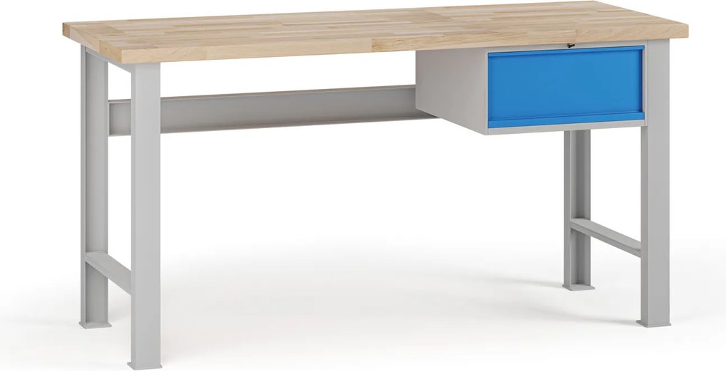 Stół warsztatowy G7, blat bukowy, 1700 x 685 x 840 mm, 1x kontener, 1x szuflada, niebieski