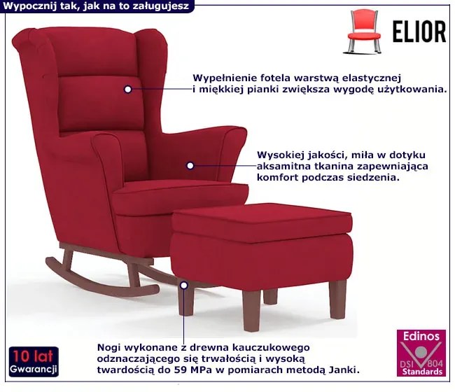 Czerwony fotel wypoczynkowy uszak na płozach + podnóżek R4-A20