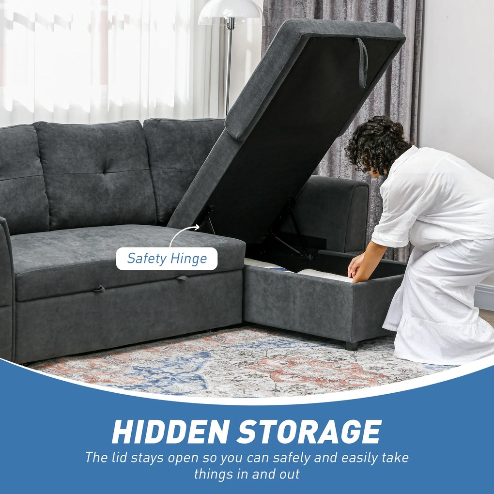 HOMCOM Sofa trzyosobowa z funkcją spania, sofa z chaiselongiem, tapicerowana sofa, ciemnoszara