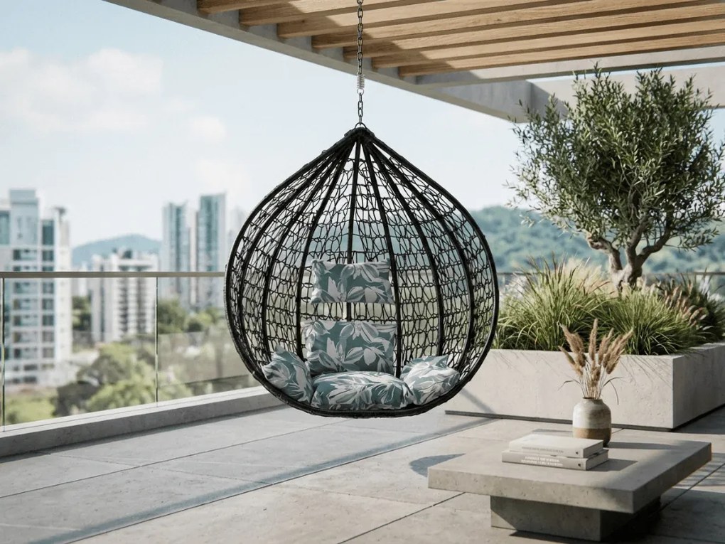 Czarny wiszący fotel KOKON bez stojaka, zielono-biała poduszka