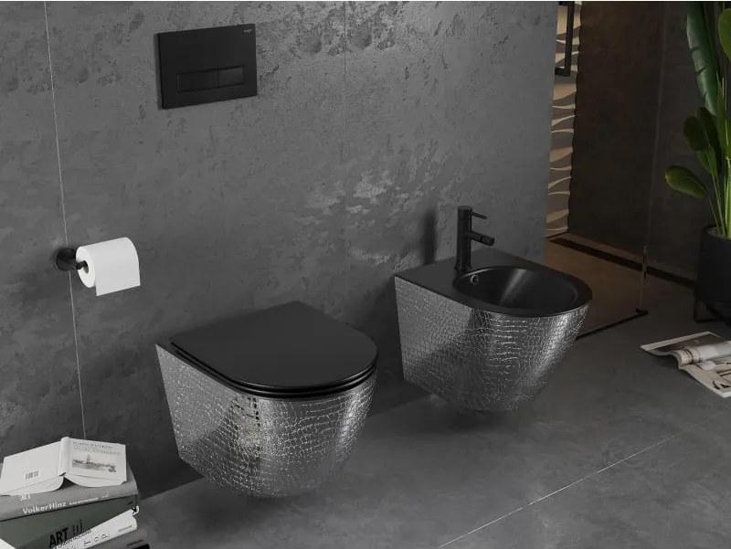 Mexen Lena miska wc Rimless z deską wolnoopadającą slim, duroplast, czarna mat/srebrna wzór łuski - 30224072