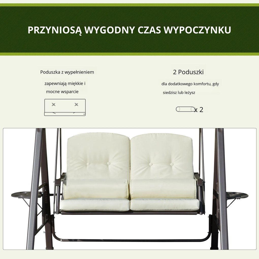 Outsunny huśtawka ogrodowa 2osobowa z daszkiem przeciwsłonecznym poduszka metal poliester beżowy 162x118x173cm | Aosom PL