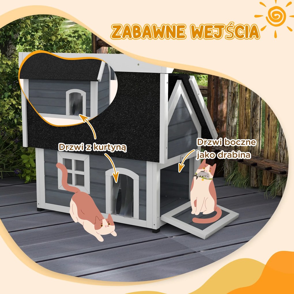 PawHut domek dla kota odporny na warunki atmosferyczne z oknem szary czarny legowisko dla kota na zewnątrz | Aosom PL