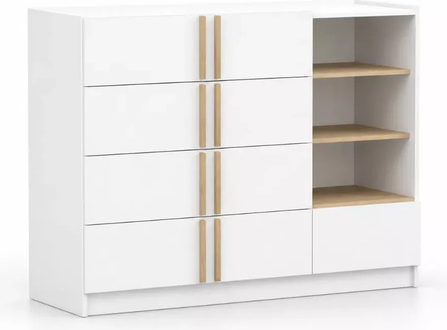 Komoda Chelly 135 cm biała – 5 szuflad, 3 półki, drewniane uchwyty, nowoczesna komoda do salonu i sypialni