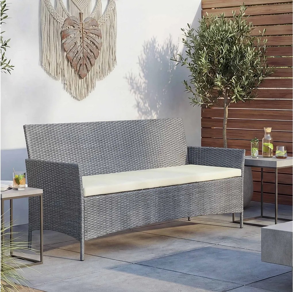3-osobowa ławka ogrodowa z rattanu syntetycznego Hamar,  szara, poduszki kremowe