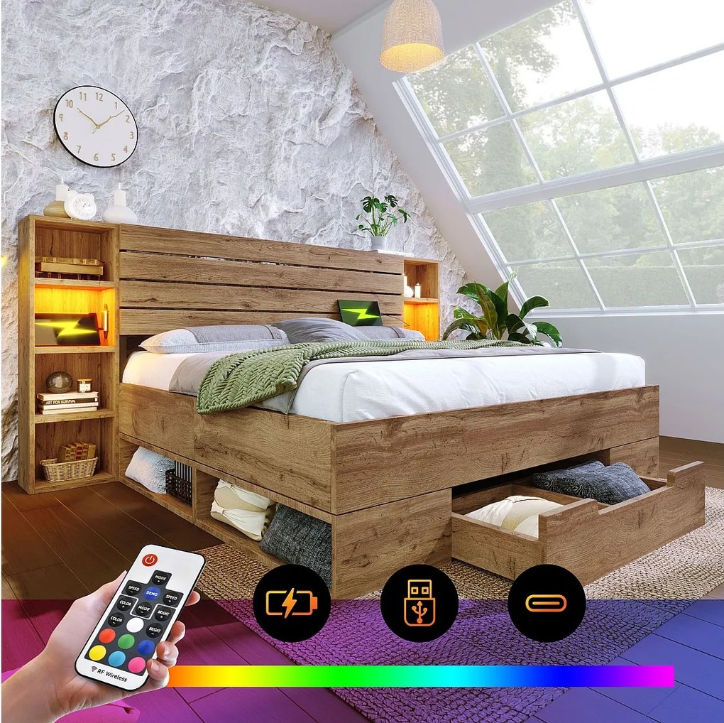 Łóżko podwójne 160 x 200 cm z szufladami i półkami do przechowywania - lampka do czytania i gniazda USB - Lite drewno - Dąb (bez materaca)