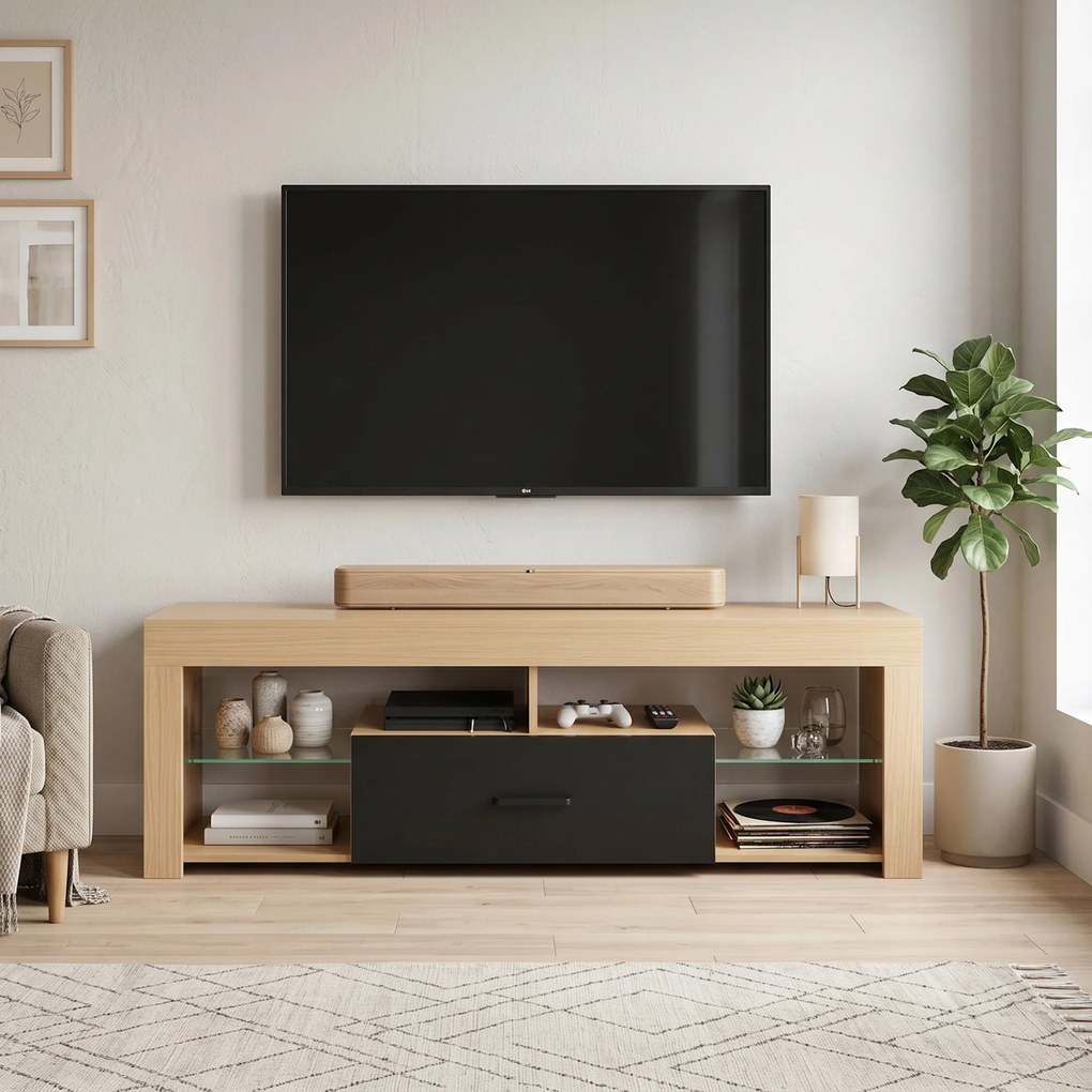 HOMCOM Lowboard RTV do telewizorów do 165,1 cm, nowoczesna szafka RTV z regulowanymi półkami szklanymi, dąb | Aosom PL