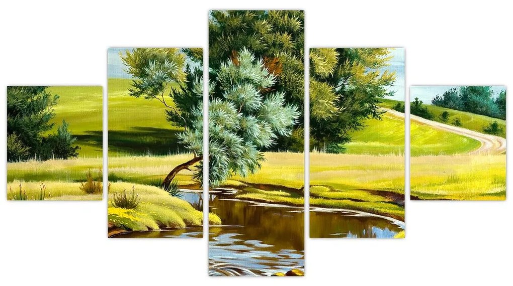 Obraz - rzeka między łąkami, obraz olejny (125x70 cm)