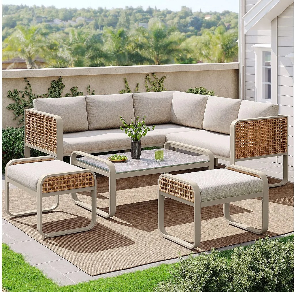 Zestaw mebli ogrodowych modułowych z ocynkowanego żelaza: 1 sofa 3-osobowa + 1 sofa 2-osobowa + 2 stołki + 1 stolik kawowy - Beżowy