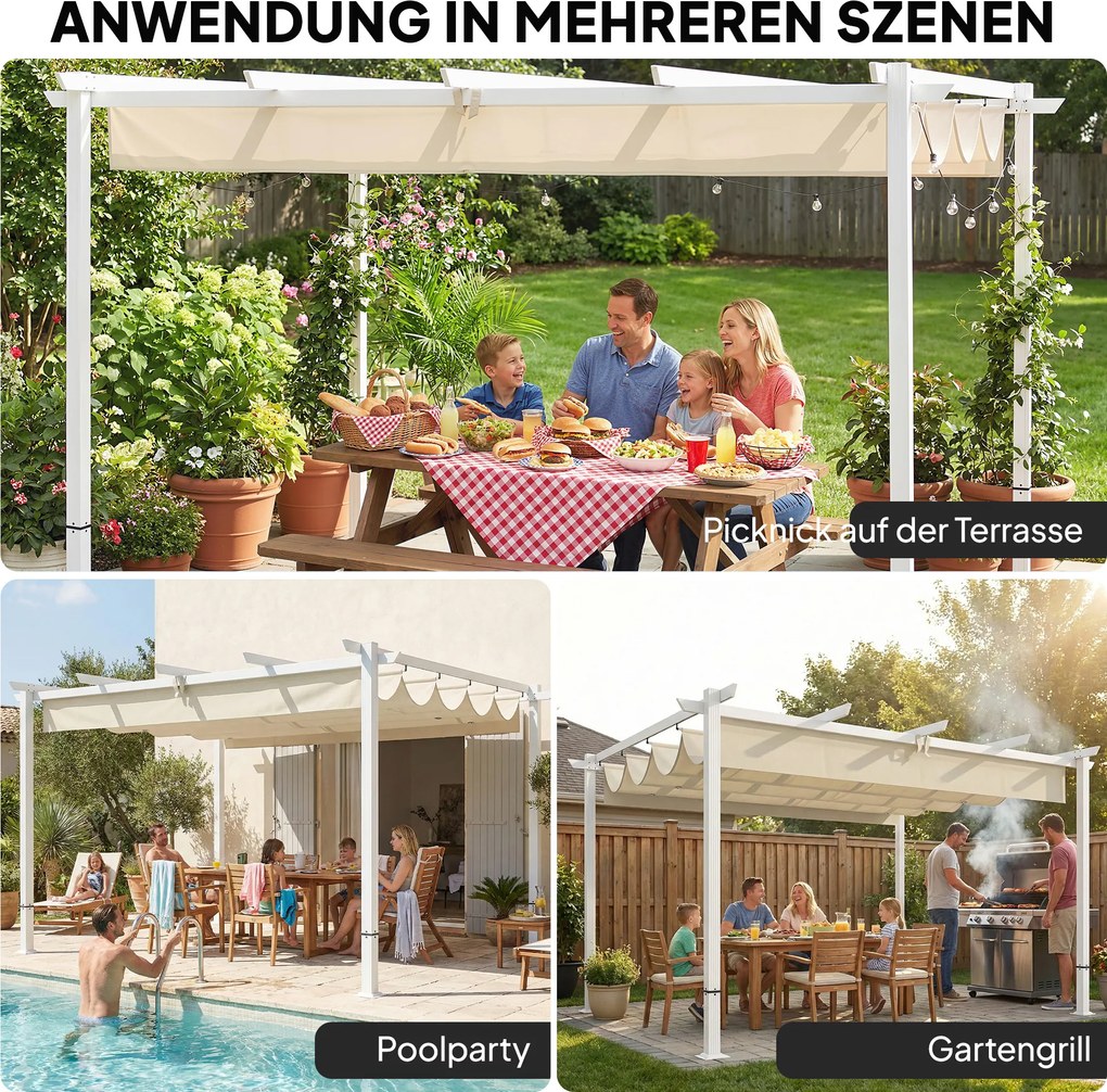 Outsunny Pergola 3 x 4 m z przesuwanym dachem, magnetycznymi zamknięciami, UV30+, kolor beżowy | Aosom PL