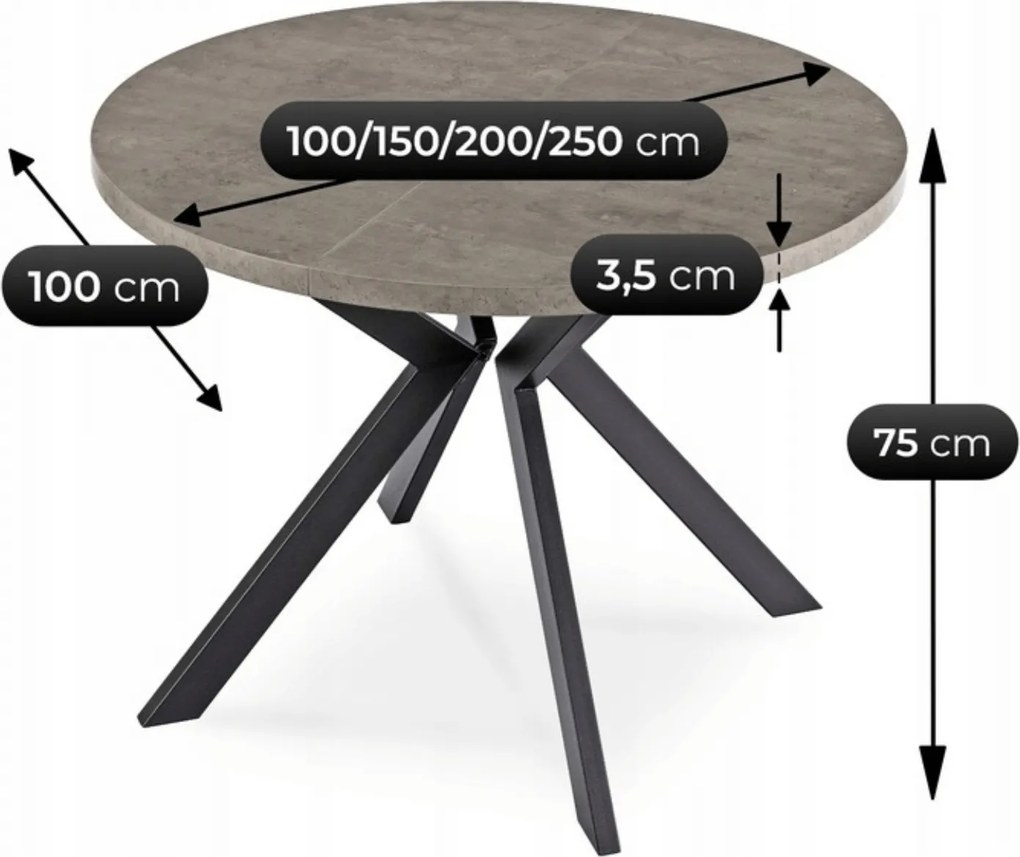 Stół Okrągły Rozkładany LUKAS 100-250 cm Beton Nowoczesny Loft
