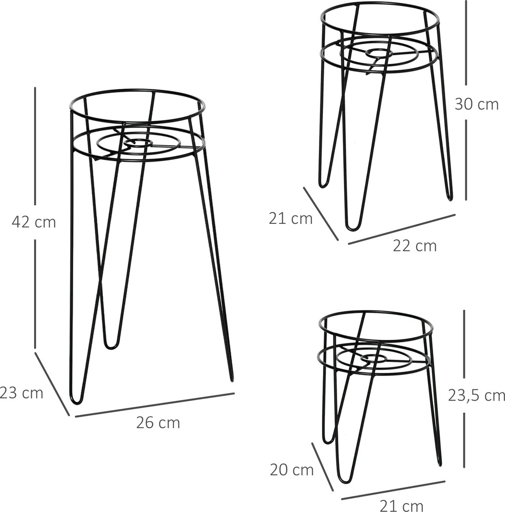 Stojaki na kwiaty Outsunny zestaw 3 metalowych stojaków na rośliny kwietniki uchwyt na doniczkę podstawka pod doniczkę Ø16 cm kolor czarny