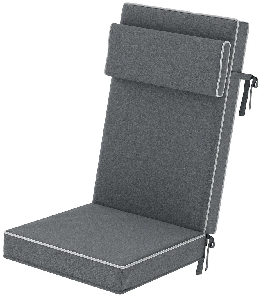Outsunny Poduszka na siedzisko 120 x 47 x 9,5 cm odporna na wodę z paskami, zagłówek, UPF50+ Ciemnoszara