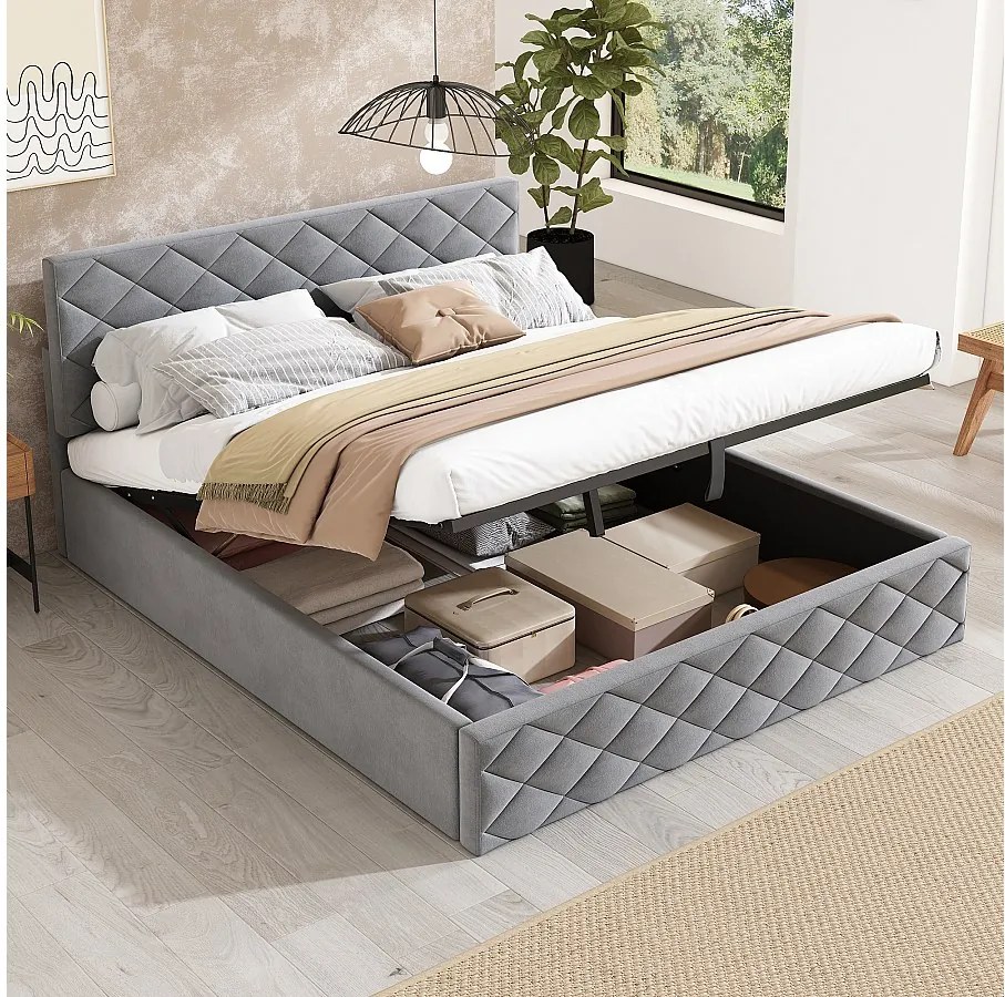 Łóżko z pojemnikiem i regulowanym zagłówkiem - 140 x 200 cm - aksamitne - stelaż listwowy - styl skandynawski - szare