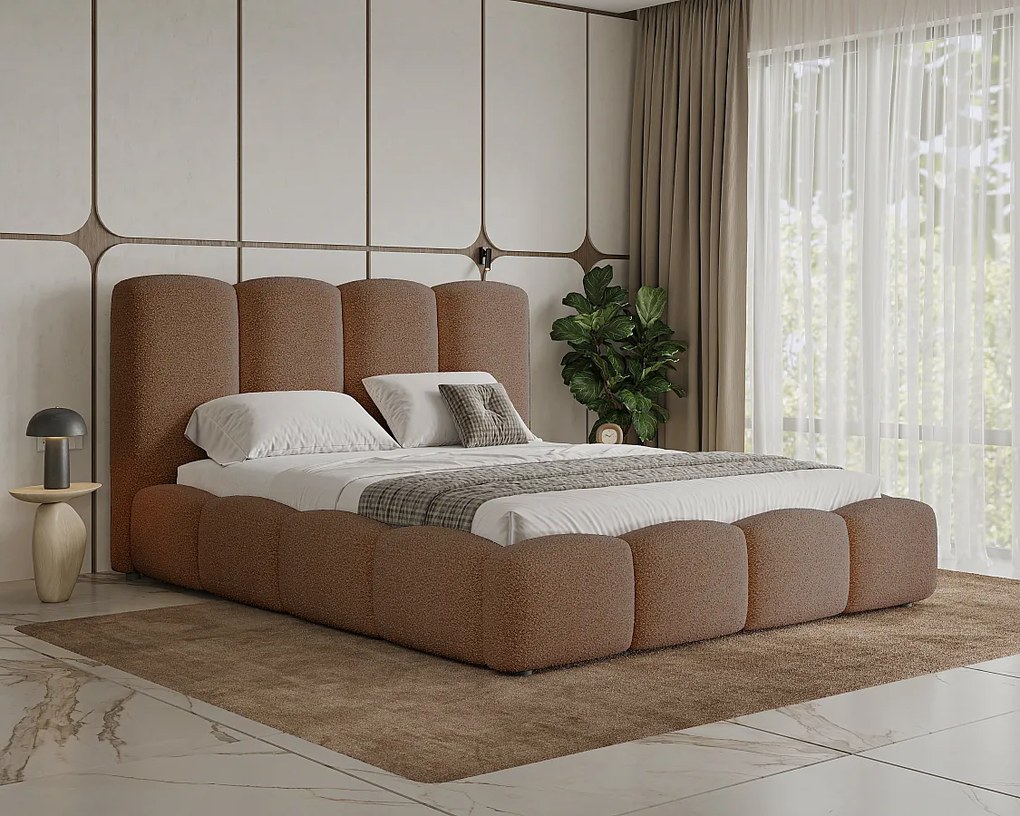 BESILIO Łóżko chmurka z pojemnikiem i stelażem 160x200 Fluffy - łóżko tapicerowane tkanina boucle/baranek, łóżko gruba pianka - Brązowy