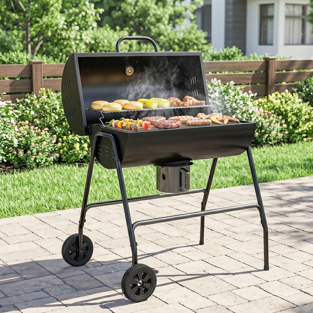 Outsunny Grill węglowy Metal BBQ z pokrywą Termometr Koła Wózek grillowy 95x71,5x102 cm Czarny