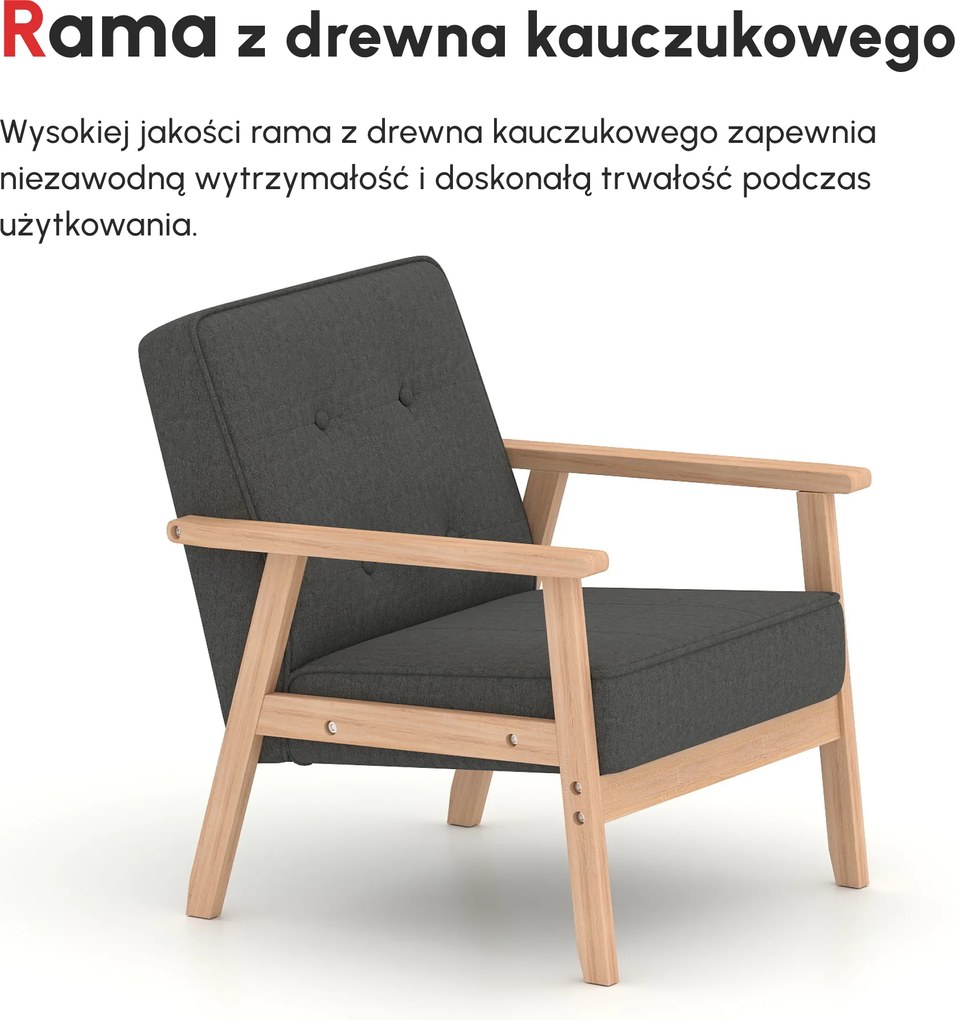 HOMCOM Fotel wypoczynkowy tapicerowany z podłokietnikami na drewnianym stelażu szary len 64x70x70 cm | Aosom PL