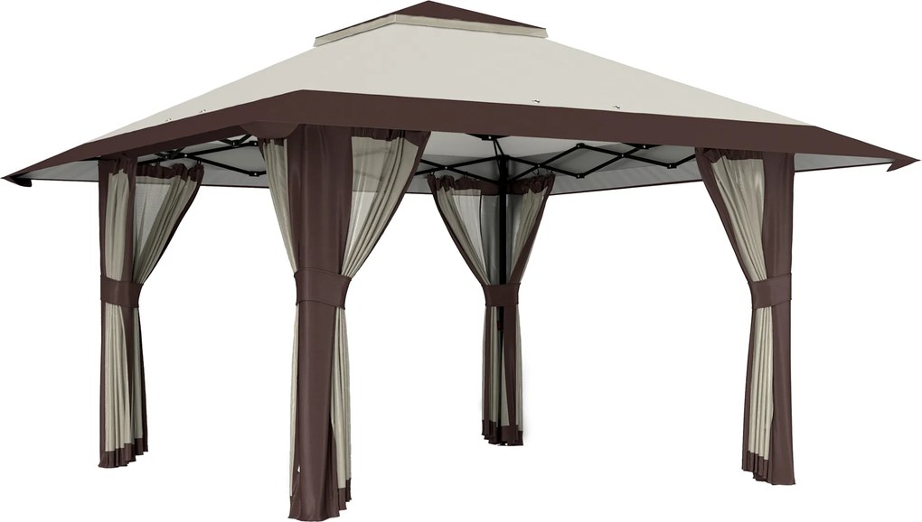 Outsunny 4 x 4 m Pawilon Ogrodowy z Siatkowymi Ścianami, Ochrona UPF50+, Regulowana Wysokość, Namiot Imprezowy, Beżowy
