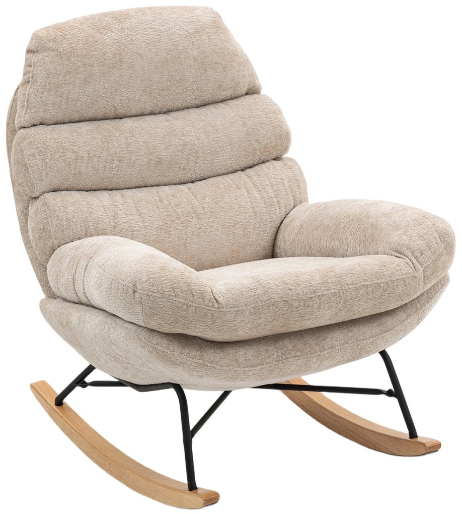 HOMCOM Tapicerowany fotel bujany z nogami stalowymi i drewnianymi płozami, kremowy