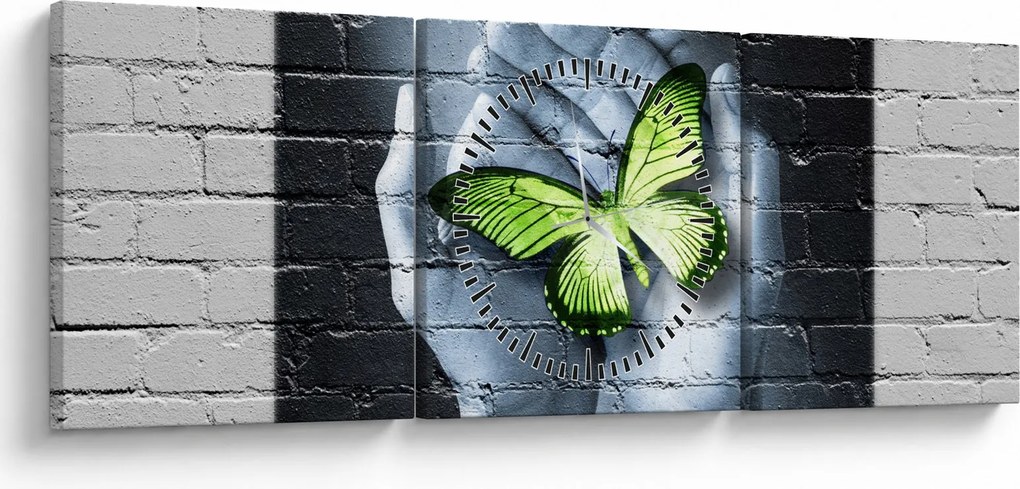 Obraz - Zielony motyl w ścianie (z zegarem) (90x30 cm)