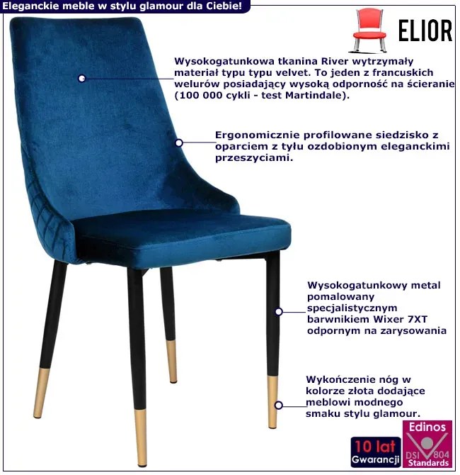 Granatowe metalowe krzesło tapicerowane glamour - Ledar