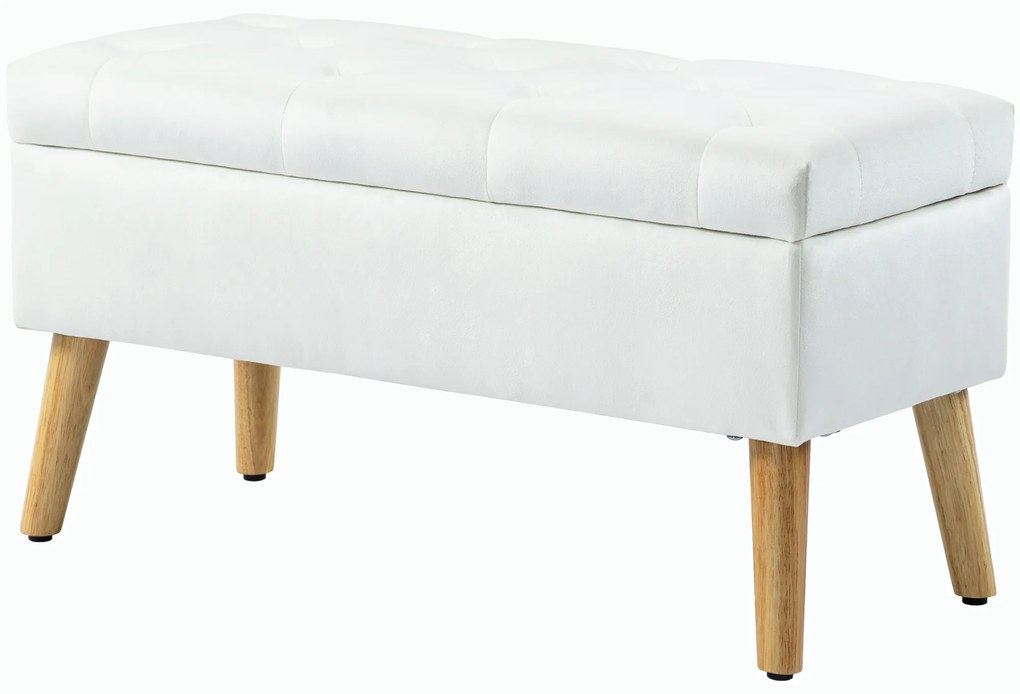 HOMCOM Tapicerowana ławka z miejscem do przechowywania, obicie w aksamitnym wykończeniu, nogi z drewna, do salonu, sypialni, przedpokoju, 80 x 35 x 40 cm, Biały