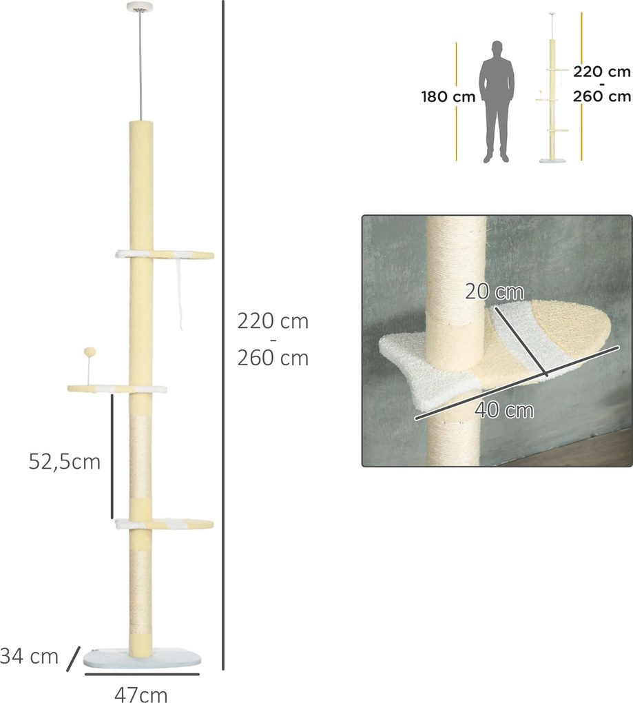 PawHut Regulowany drapak z antypoślizgiem, słupkami z sizalu, 220-260W x 47D x 34S cm, Żółty/Biały/Niebieski