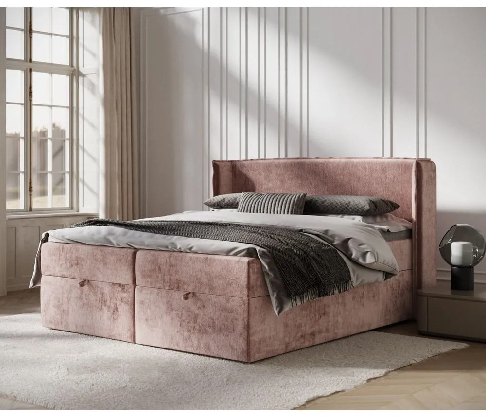 Różowe łóżko boxspring ze schowkiem 200x200 cm Passion – Maison de Rêve