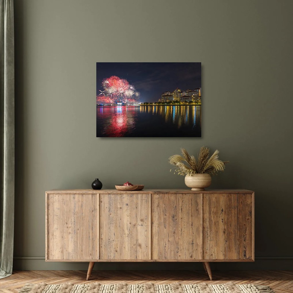 Obraz na szkle - fajerwerki w Singapurze (70x50 cm)