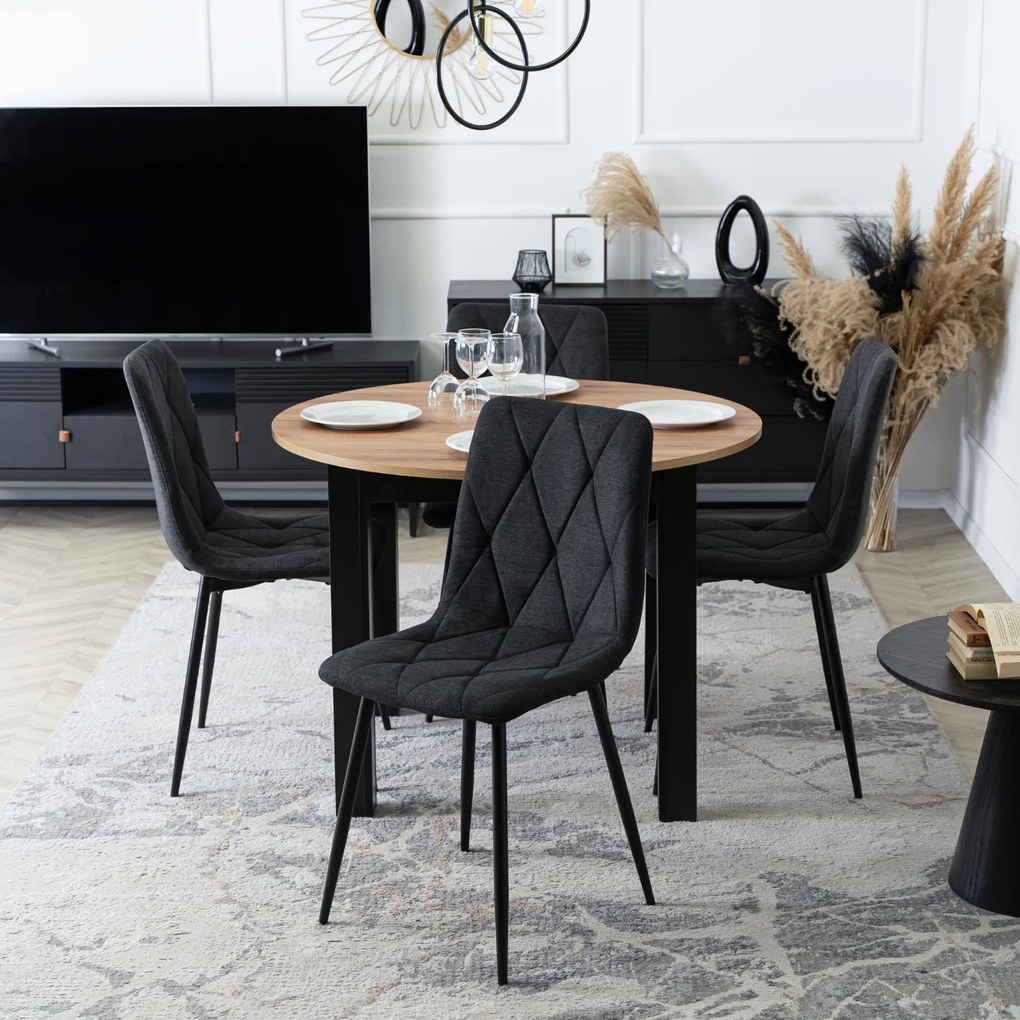 Zestaw Stół Okrągły Rozkładany HARRY 102-142 cm Dąb Craft/Czarny i 4 Krzesła Tapicerowane ROBIN 2 Czarne Nowoczesne