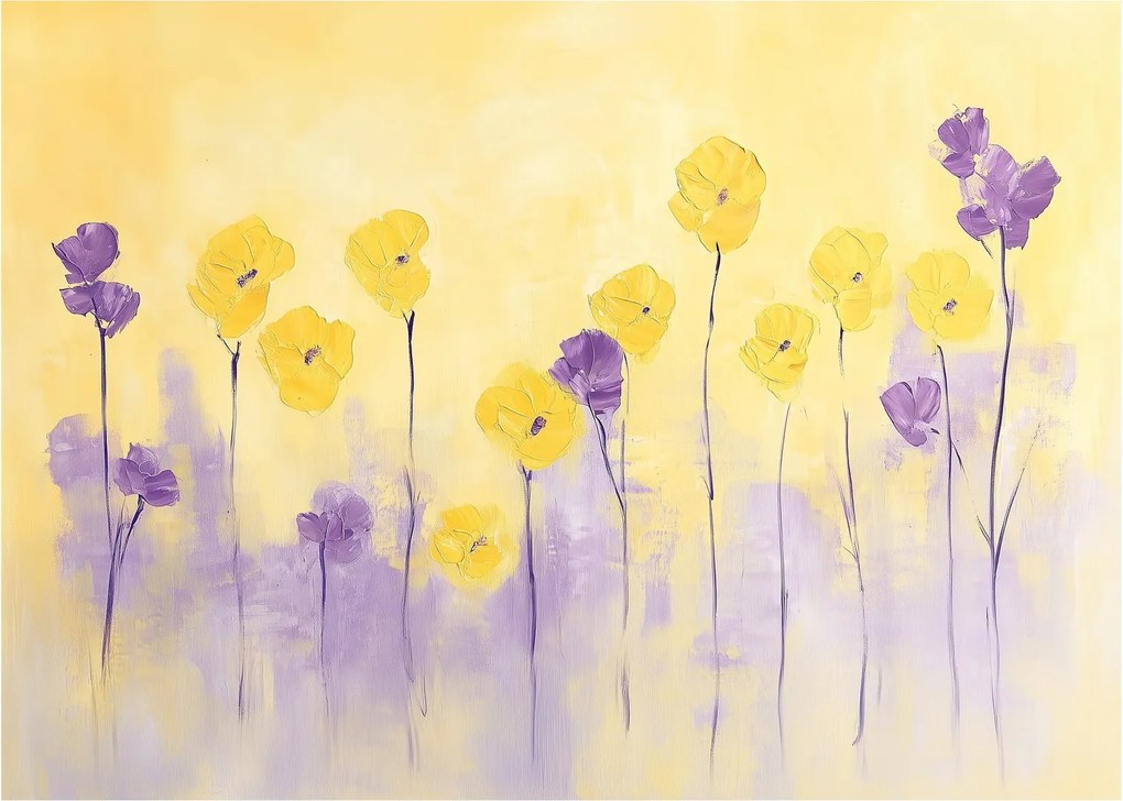 Obraz na szkle - Fioletowe i żółte kwiatuszki (70x50 cm)