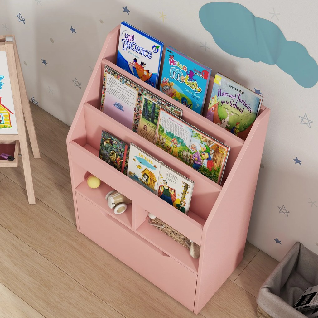 HOMCOM regał dziecięcy z szufladą półka na książki dla dzieci regał do pokoju dziecięcego różowy 60x30x90 cm | Aosom PL