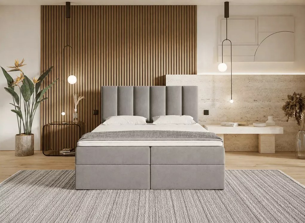 Łóżko kontynentalne Sergio boxspring z materacem bonell i pojemnikami na pościel tapicerowane