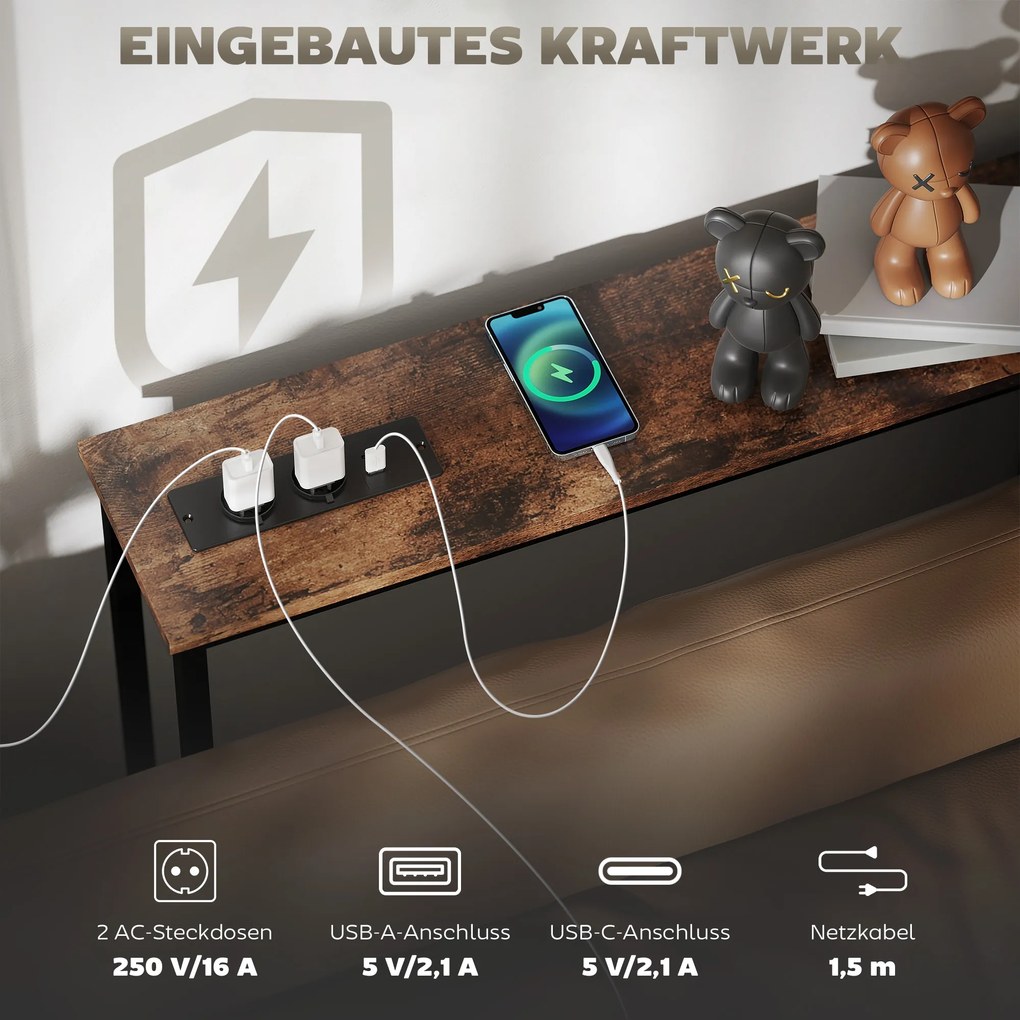 HOMCOM Smukły Stolik Konsola z Ładownicą, Styl Industrialny, Stelaż ze Stali, Brązowy