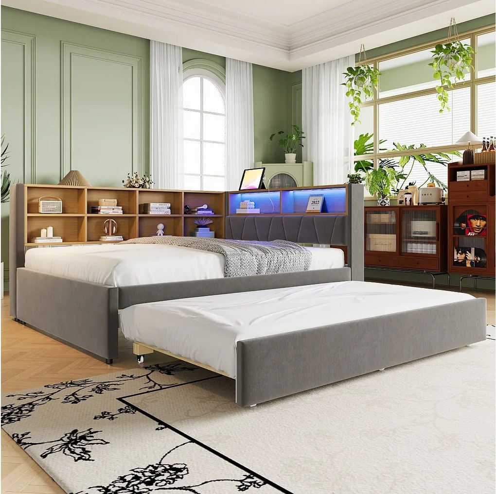 Sofa rozkładana tapicerowana - 140 x 200 cm + 90 x 190 cm - LED i gniazdka - ze schowkiem - Tkanina flanelowa - Jasnoszary