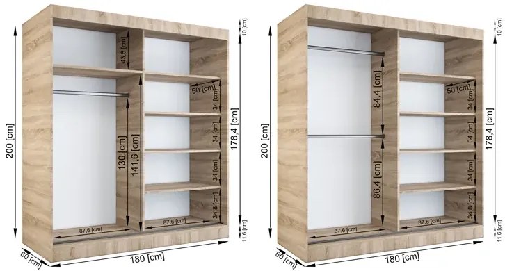 Szafa przesuwna biel + dąb sonoma 180 cm Lisano