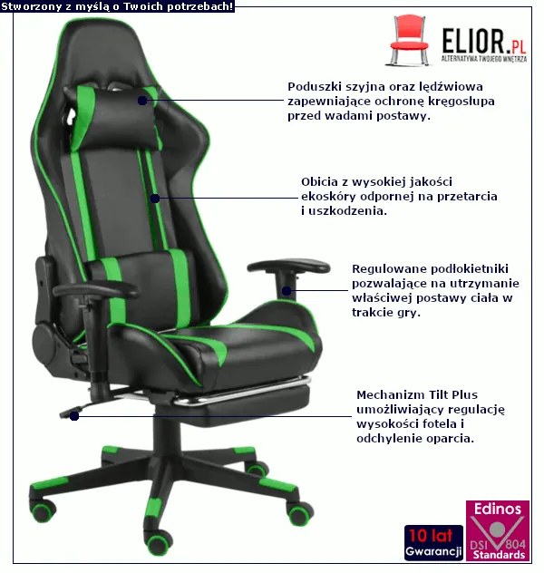 Czarno-zielony fotel do gier z podnóżkiem - Epic Egra