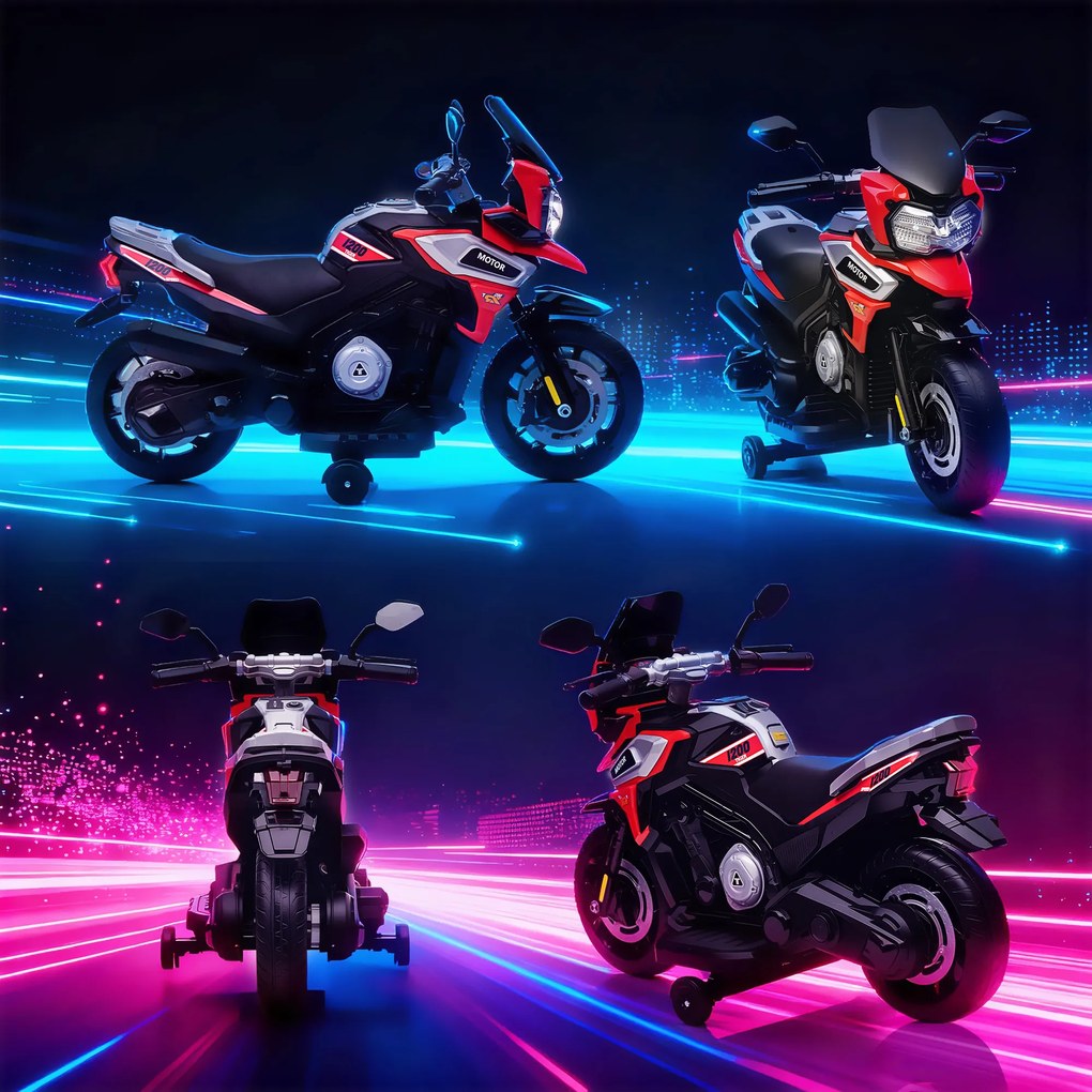 AIYAPLAY Elektryczny motocykl dla dzieci 18-36 miesięcy, pojazd do siedzenia, kółka pomocnicze, światła, muzyka, tworzywo sztuczne, stal, czerwony