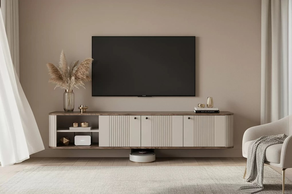 Szafka RTV wisząca Vesper 3D 187 cm - kaszmir / orzech / czarne uchwyty