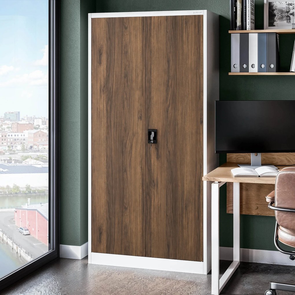 Szafa biurowa na dokumenty z 4 półkami biała/orzech, 900x1850x400 mm: JAN Eco Design
