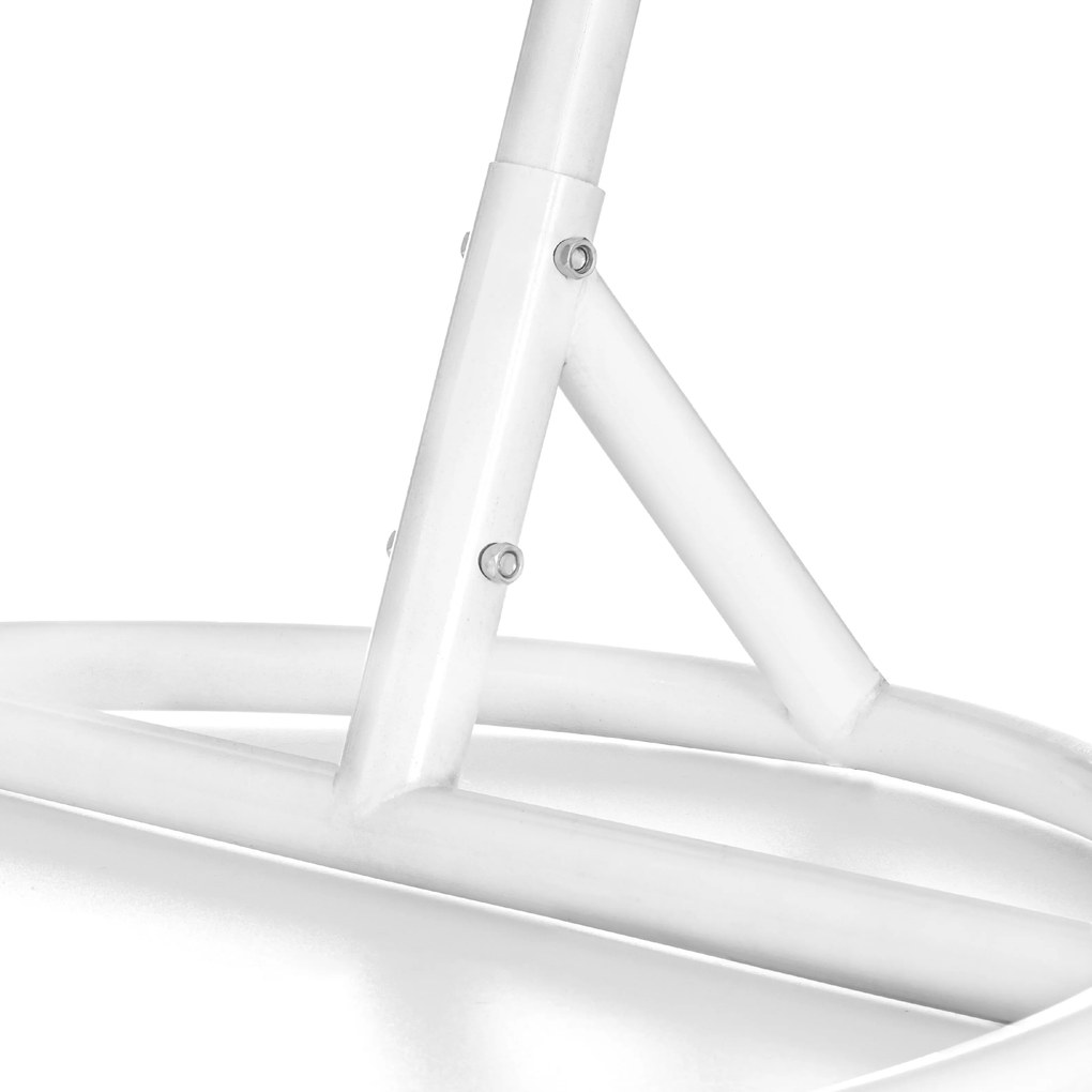 Białe wiszące krzesło KOKON ze stelażem, zielono-biała poduszka