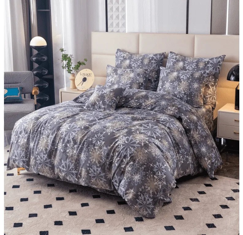 PrzytulneMieszkanie.pl PrzytulneMieszkanie.pl PrzytulneMieszkanie.pl Zestaw 2szt. pościeli z mikrofibry SNOWFLAKE niebiesko-szare + prześcieradło Jersey 180x200cm białe, podwójne łóżko