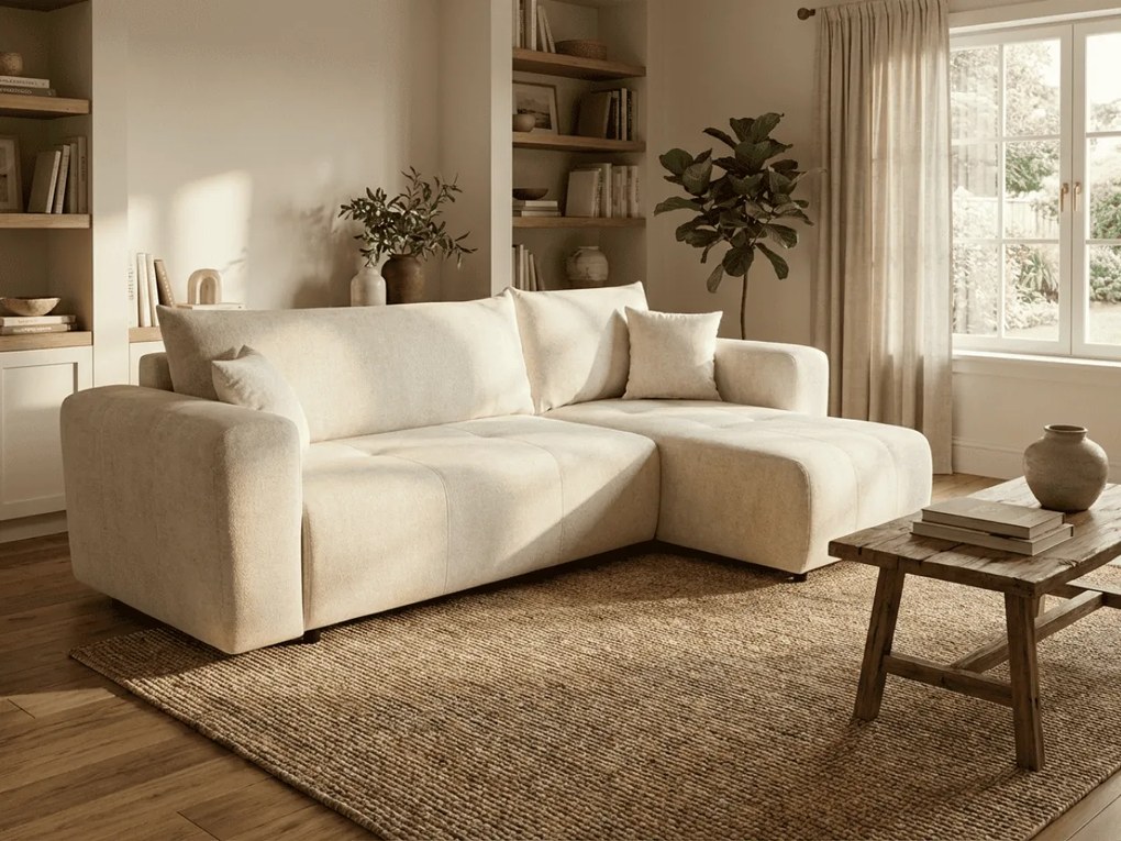 PROMOCJA Kremowa rozkładana narożna sofa SORELA, obustronna + 2 poduszki gratis II. jakość