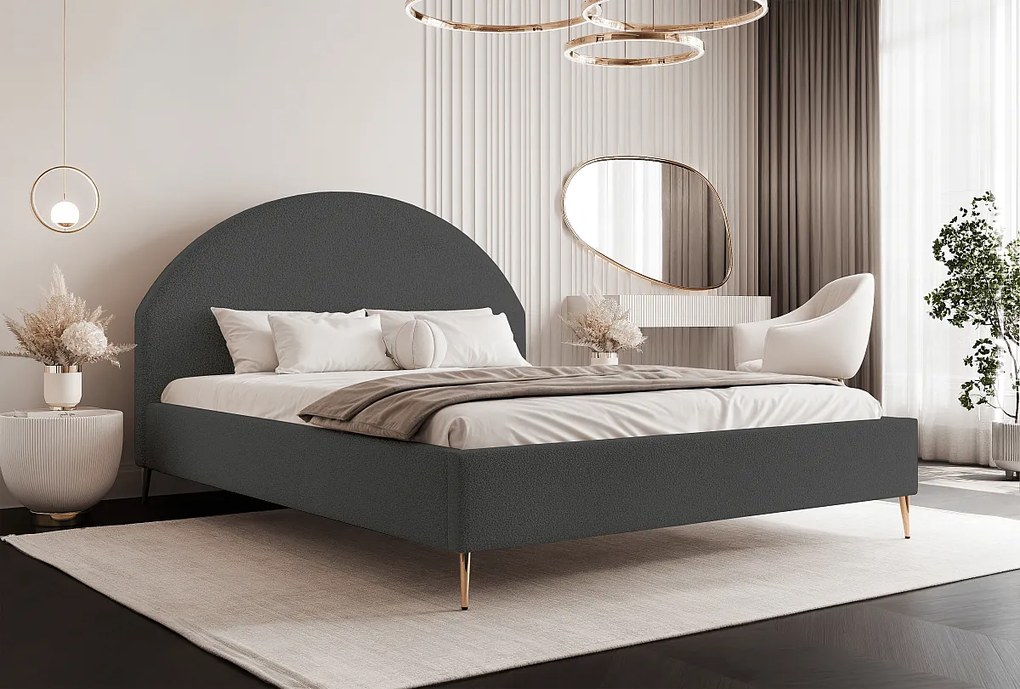 BESILIO Łóżko tapicerowane Boucle 140x200 Velora II - stelaż listwowy, wezgłowie, pojemnik, łóżko slim, wysokie złote nogi - Szary