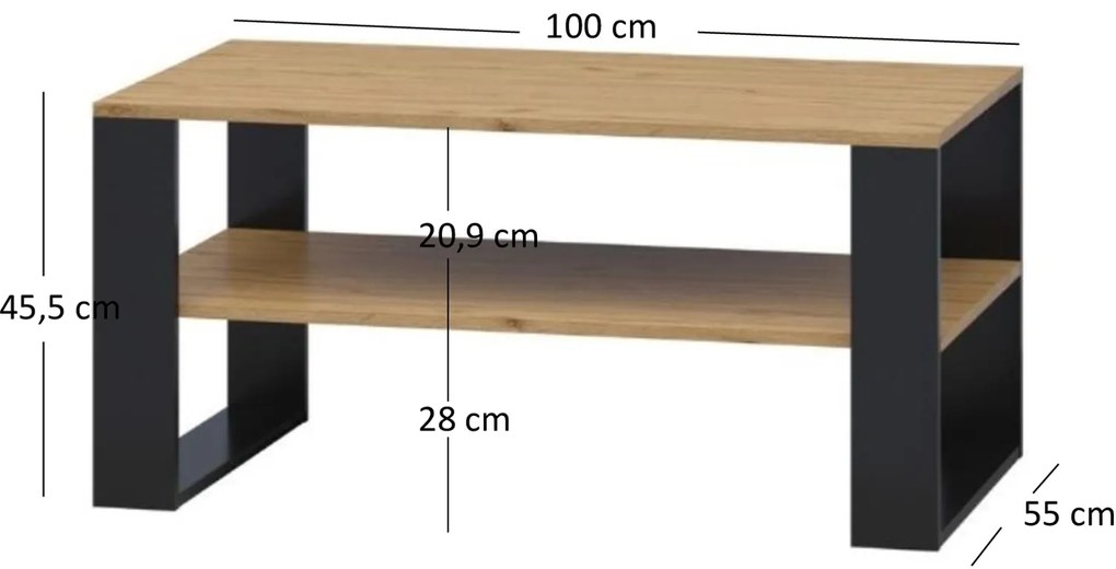 Ława z Półką Prostokątna Drewniana do Salonu ERISA 100 cm Dąb Craft/Złoty Loft
