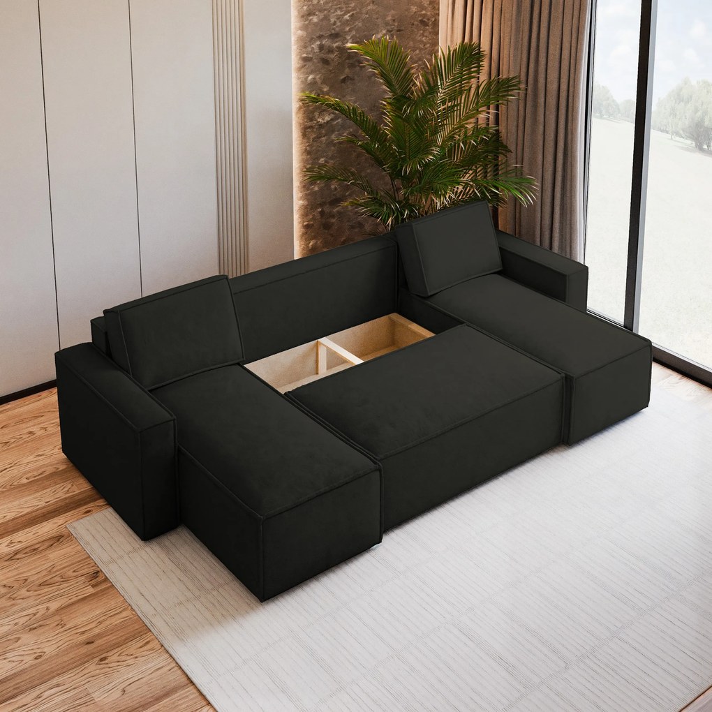 Masseno Narożnik PESANO z funkcją spania i pojemnikiem na pościel Narozniki U, Rozkładana sofa - Czarny, MONOLITH 95
