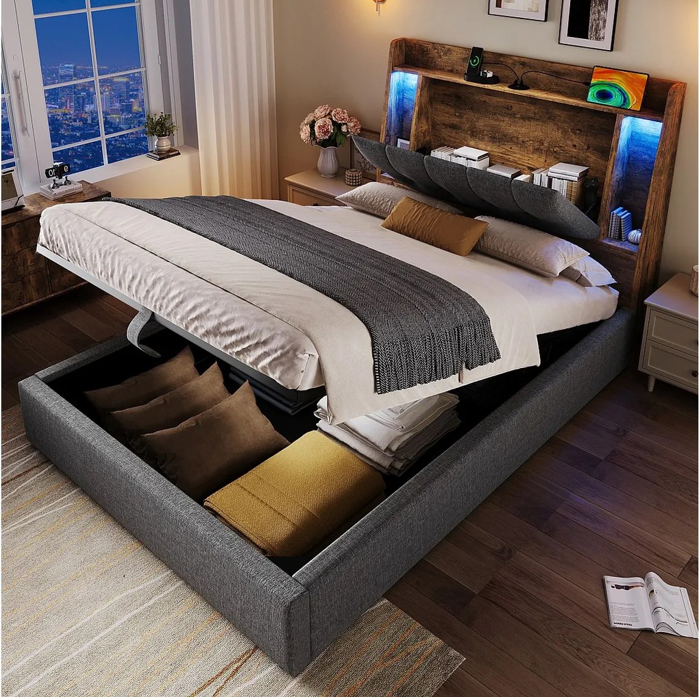 Łóżko z pojemnikiem 90x200 cm - z zagłówkiem, schowkiem, portem USB i USB typu C, oświetleniem LED - szary len - materac nie jest wliczony w cenę